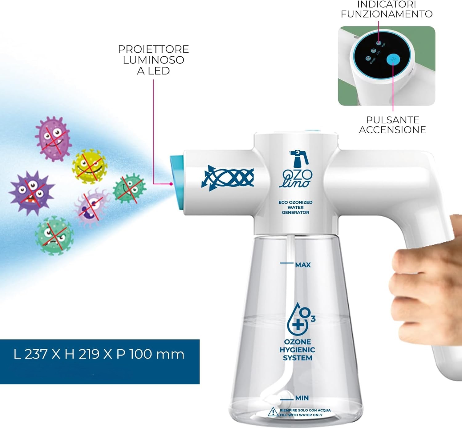 generatore spray ozono istantaneo elimina germi batteri funghi microbi virus sporco odori ozolino ricaricabile